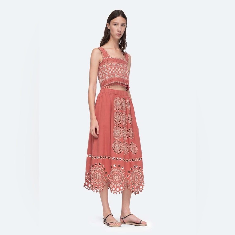 New Sea New York Addie Embrodiered Eyelet Coral A-Line Midi Skirt